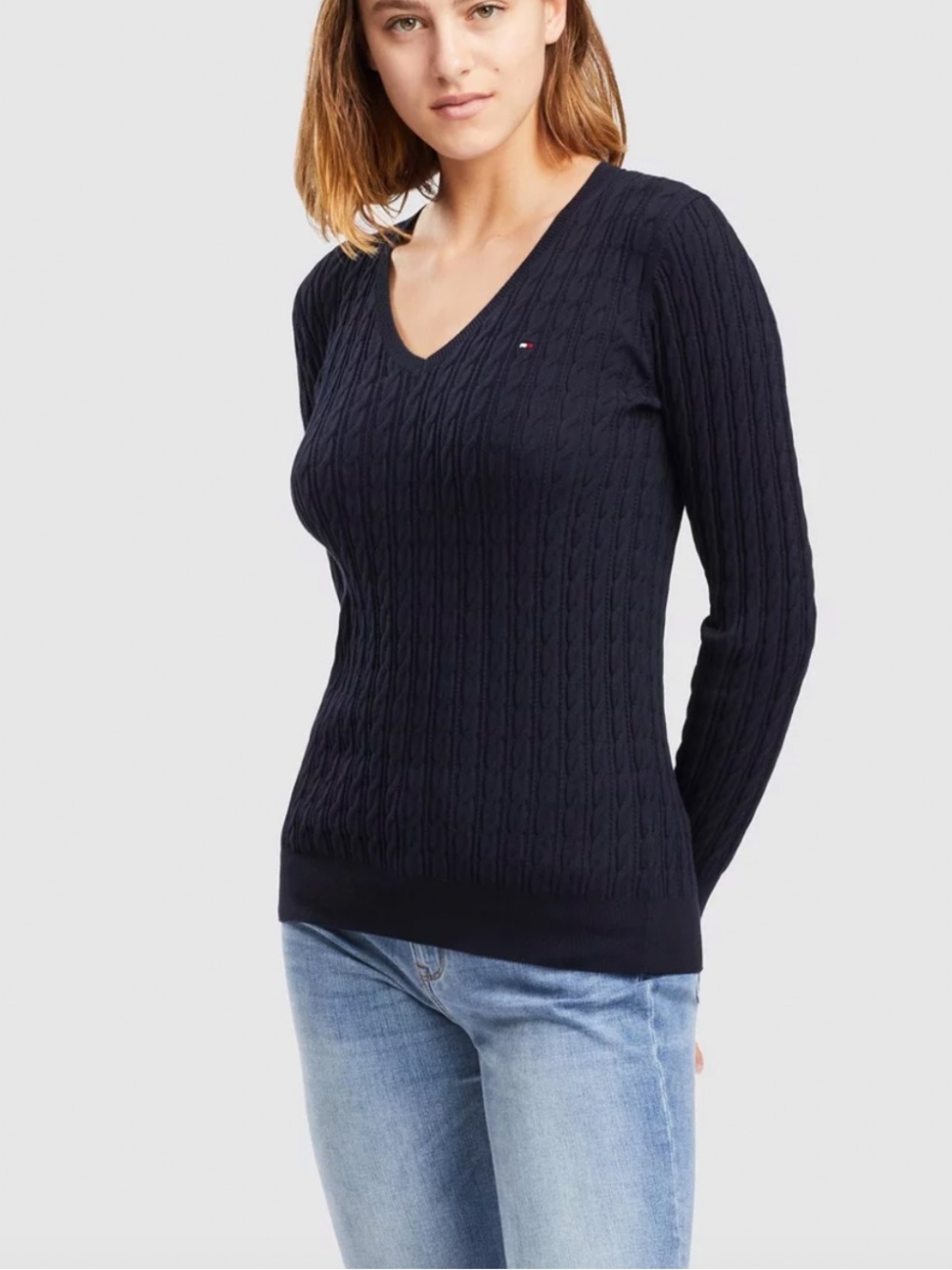 Tommy Hilfiger Classic Preppy Pullover Sweater V-Neck Cable Knit Fisherman Small